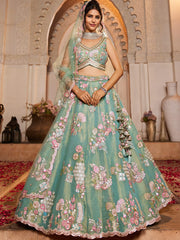 Sea Green Net Sequinse embroidery Semi-Stitched Lehenga choli and Dupatta