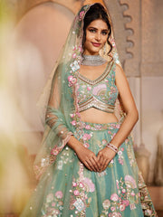 Sea Green Net Sequinse embroidery Semi-Stitched Lehenga choli and Dupatta