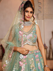 Sea Green Net Sequinse embroidery Semi-Stitched Lehenga choli and Dupatta