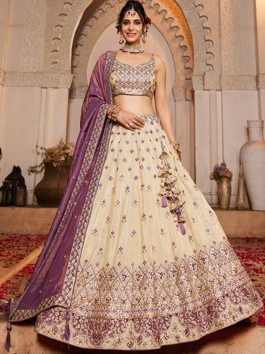 Cream colour Tissue Sequinse embroidery Semi-Stitched Lehenga choli and Dupatta
