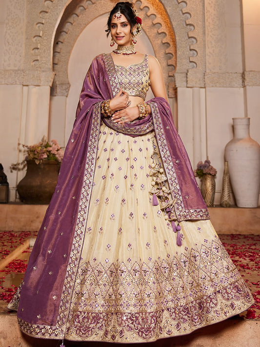 Cream colour Tissue Sequinse embroidery Semi-Stitched Lehenga choli and Dupatta