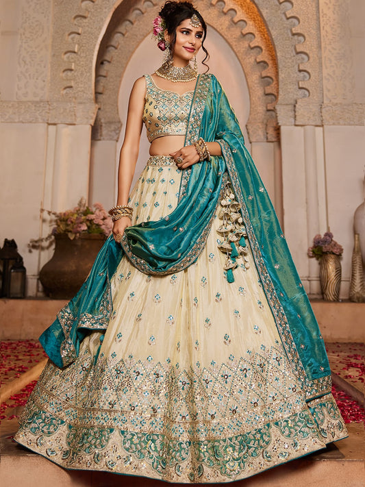 Cream colour Tissue Sequinse embroidery Semi-Stitched Lehenga choli and Dupatta