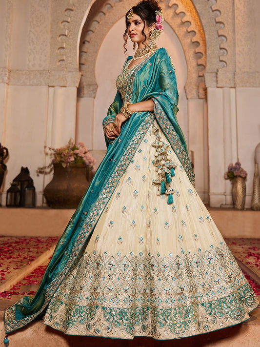 Cream colour Tissue Sequinse embroidery Semi-Stitched Lehenga choli and Dupatta