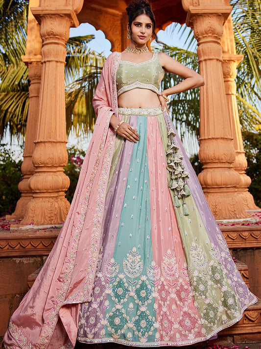 Multu colour Chiffon Sequinse embroidery Semi-Stitched Lehenga choli and Dupatta