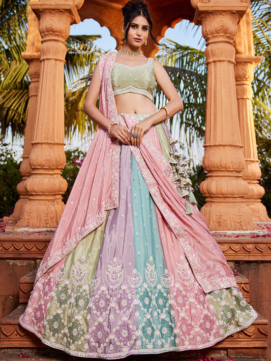 Multu colour Chiffon Sequinse embroidery Semi-Stitched Lehenga choli and Dupatta