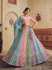 Turquoise Blue Color Poly Chiffon Fabric Sequins embroidery Semi-Stitched Lehenga choli & Dupatta