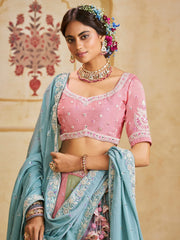 Turquoise Blue Color Poly Chiffon Fabric Sequins embroidery Semi-Stitched Lehenga choli & Dupatta