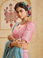 Turquoise Blue Color Poly Chiffon Fabric Sequins embroidery Semi-Stitched Lehenga choli & Dupatta