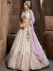 Cream Georgette Sequins embroidery Semi-Stitched Lehenga choli and Dupatta