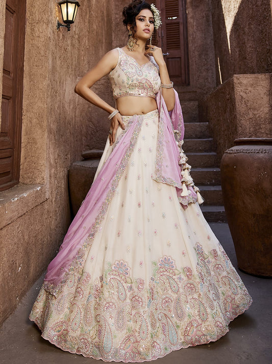 Cream Georgette Sequins embroidery Semi-Stitched Lehenga choli and Dupatta