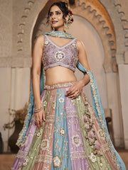 Multi colour Georgette Fabric Sequins embroidery Semi-Stitched Lehenga choli and Dupatta