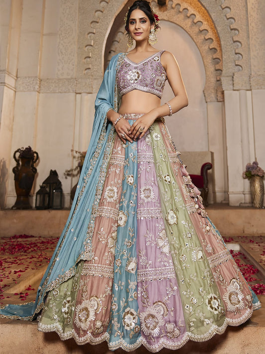 Multi colour Georgette Fabric Sequins embroidery Semi-Stitched Lehenga choli and Dupatta