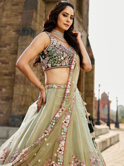 Green Net Sequinse embroidery Semi-Stitched Lehenga choli and Dupatta