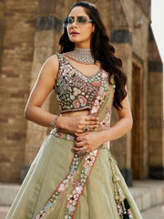 Green Net Sequinse embroidery Semi-Stitched Lehenga choli and Dupatta