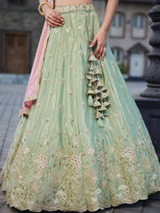 Lime green Satin Silk Sequins embroidery Semi-Stitched Lehenga choli and Dupatta