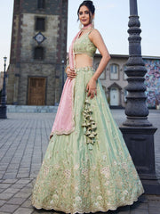 Lime green Satin Silk Sequins embroidery Semi-Stitched Lehenga choli and Dupatta