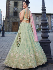 Lime green Satin Silk Sequins embroidery Semi-Stitched Lehenga choli and Dupatta