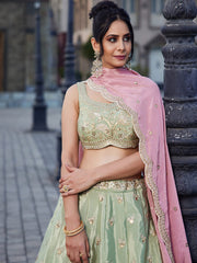 Lime green Satin Silk Sequins embroidery Semi-Stitched Lehenga choli and Dupatta