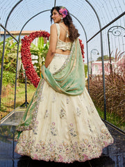 Cream colour tissue Fabric with Sequinse and Thread embroidery Semi-Stitched Lehenga choli and Dupatta