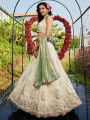 Cream colour tissue Fabric with Sequinse and Thread embroidery Semi-Stitched Lehenga choli and Dupatta