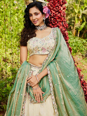 Cream colour tissue Fabric with Sequinse and Thread embroidery Semi-Stitched Lehenga choli and Dupatta