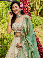 Cream colour tissue Fabric with Sequinse and Thread embroidery Semi-Stitched Lehenga choli and Dupatta