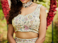 Cream colour tissue Fabric with Sequinse and Thread embroidery Semi-Stitched Lehenga choli and Dupatta