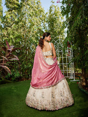 Cream colour tissue Fabric with Sequinse and Thread embroidery Semi-Stitched Lehenga choli and Dupatta