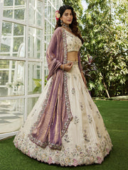 Cream colour tissue Fabric with Sequinse and Thread embroidery Semi-Stitched Lehenga choli and Dupatta