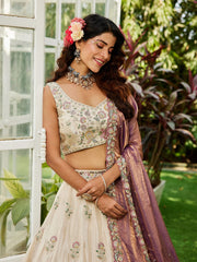 Cream colour tissue Fabric with Sequinse and Thread embroidery Semi-Stitched Lehenga choli and Dupatta