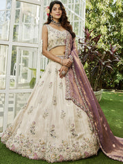 Cream colour tissue Fabric with Sequinse and Thread embroidery Semi-Stitched Lehenga choli and Dupatta