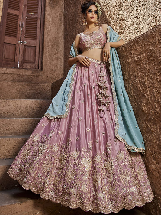 Pink Satin Silk Sequins embroidery Semi-Stitched Lehenga choli and Dupatta
