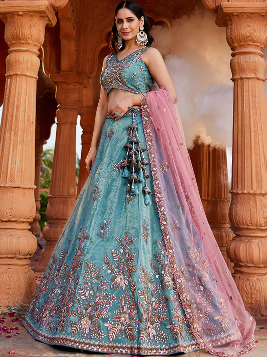 Blue Tissue Sequinse embroidery Semi-Stitched Lehenga choli and Dupatta