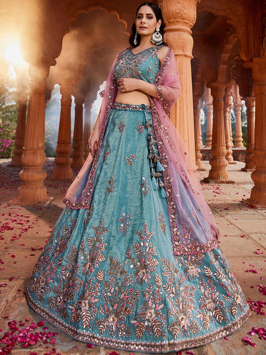 Blue Tissue Sequinse embroidery Semi-Stitched Lehenga choli and Dupatta
