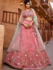 Pink Tissue Sequinse embroidery Semi-Stitched Lehenga choli and Dupatta