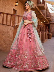 Pink Tissue Sequinse embroidery Semi-Stitched Lehenga choli and Dupatta