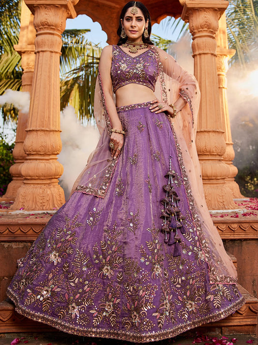 Purple Tissue Sequinse embroidery Semi-Stitched Lehenga choli and Dupatta