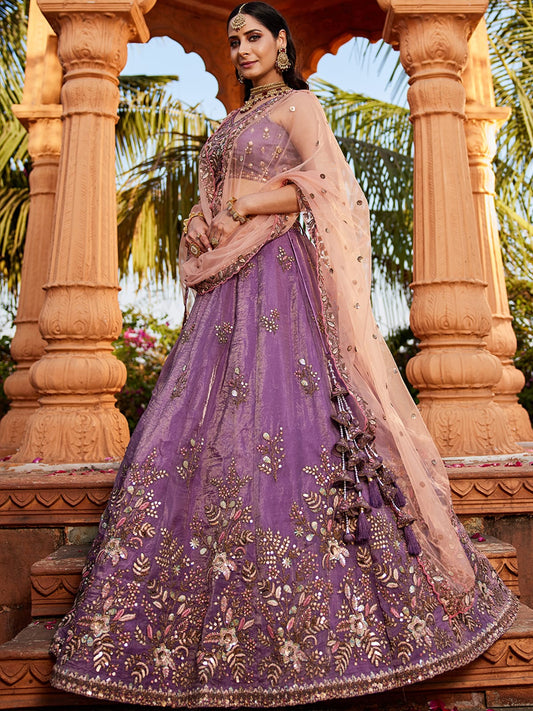 Purple Tissue Sequinse embroidery Semi-Stitched Lehenga choli and Dupatta
