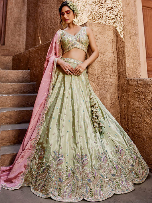 Lime green Satin Silk Sequins embroidery Semi-Stitched Lehenga choli and Dupatta