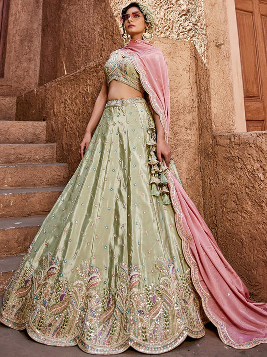 Lime green Satin Silk Sequins embroidery Semi-Stitched Lehenga choli and Dupatta