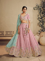 Pink Color Satin Silk Fabric Sequins embroidery Semi-Stitched Lehenga choli & Dupatta