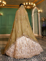 Cream colour tissue Fabric with Sequinse and Thread embroidery Semi-Stitched Lehenga choli and Dupatta