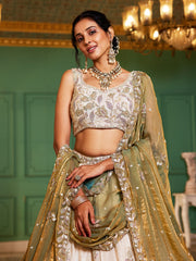 Cream colour tissue Fabric with Sequinse and Thread embroidery Semi-Stitched Lehenga choli and Dupatta