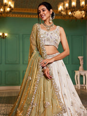 Cream colour tissue Fabric with Sequinse and Thread embroidery Semi-Stitched Lehenga choli and Dupatta
