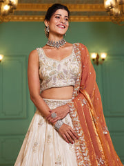 Cream colour tissue Fabric with Sequinse and Thread embroidery Semi-Stitched Lehenga choli and Dupatta