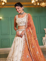 Cream colour tissue Fabric with Sequinse and Thread embroidery Semi-Stitched Lehenga choli and Dupatta