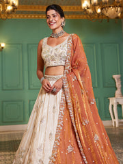Cream colour tissue Fabric with Sequinse and Thread embroidery Semi-Stitched Lehenga choli and Dupatta