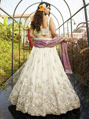 Cream colour tissue Fabric with Sequinse and Thread embroidery Semi-Stitched Lehenga choli and Dupatta