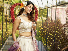 Cream colour tissue Fabric with Sequinse and Thread embroidery Semi-Stitched Lehenga choli and Dupatta