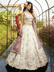 Cream colour tissue Fabric with Sequinse and Thread embroidery Semi-Stitched Lehenga choli and Dupatta